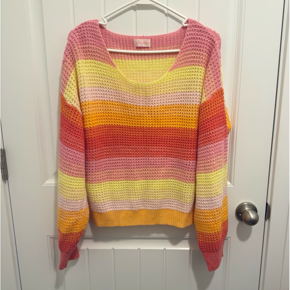 Pink Lily Womens Striped Knit Pullover Sweater Scoop Neck Ribbed Trim M